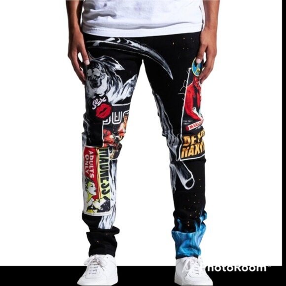 Embellish Mens Black Denim Jeans With Graphic Prints & Embroidery Size 34 - Picture 12 of 16